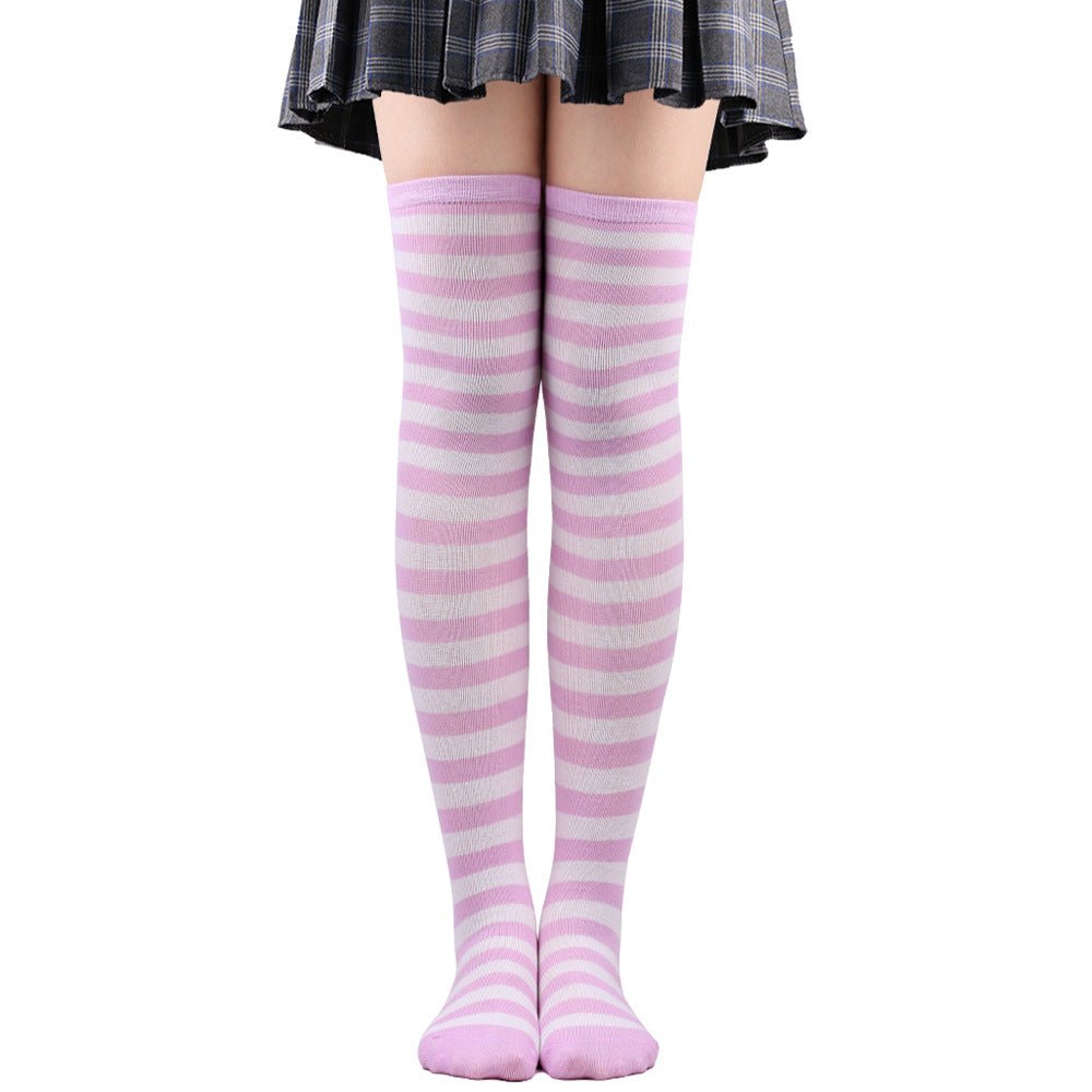 Women's Striped Thigh High Stockings | Black, White & Pink Over - Knee Lolita Harajuku Y2K Socks - G - Catoure Women's Striped Thigh High Stockings | Black, White & Pink Over - Knee Lolita Harajuku Y2K Socks